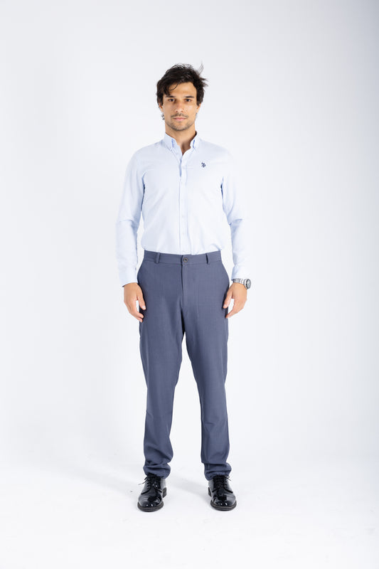 Comford Classic Slate Blue formal pants - front view showing wrinkle-resistant fabric and tailored fit