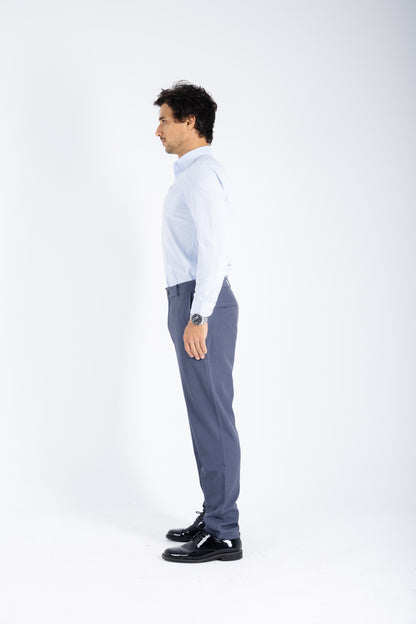 Comford Classic men's trousers in Slate Blue - side angle detail of premium construction