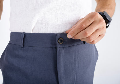 Slate Blue formal pants by Comford - detail of waistband and premium finishing