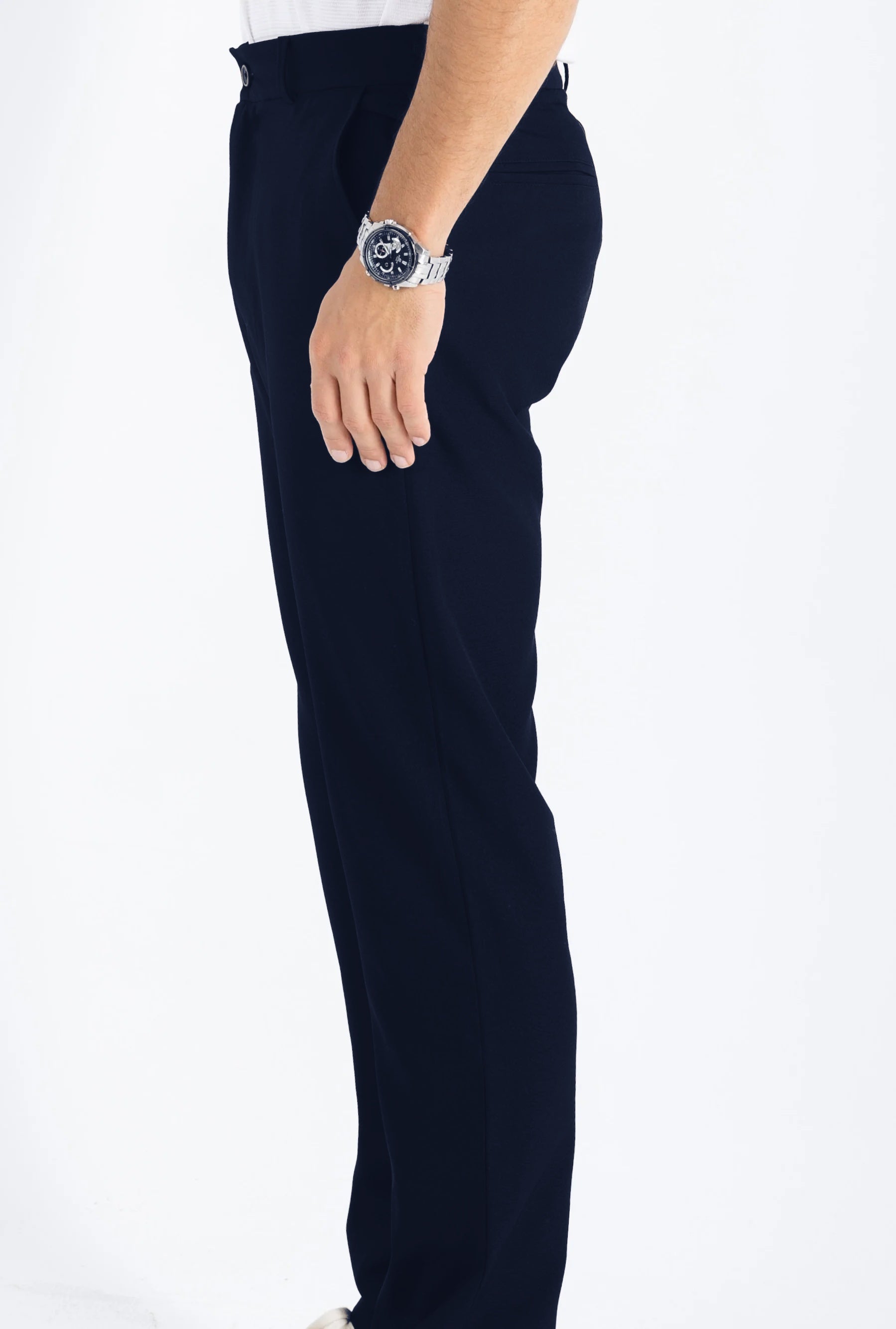 Comford Classic Navy Blue pants - close-up of fabric texture and quality stitching