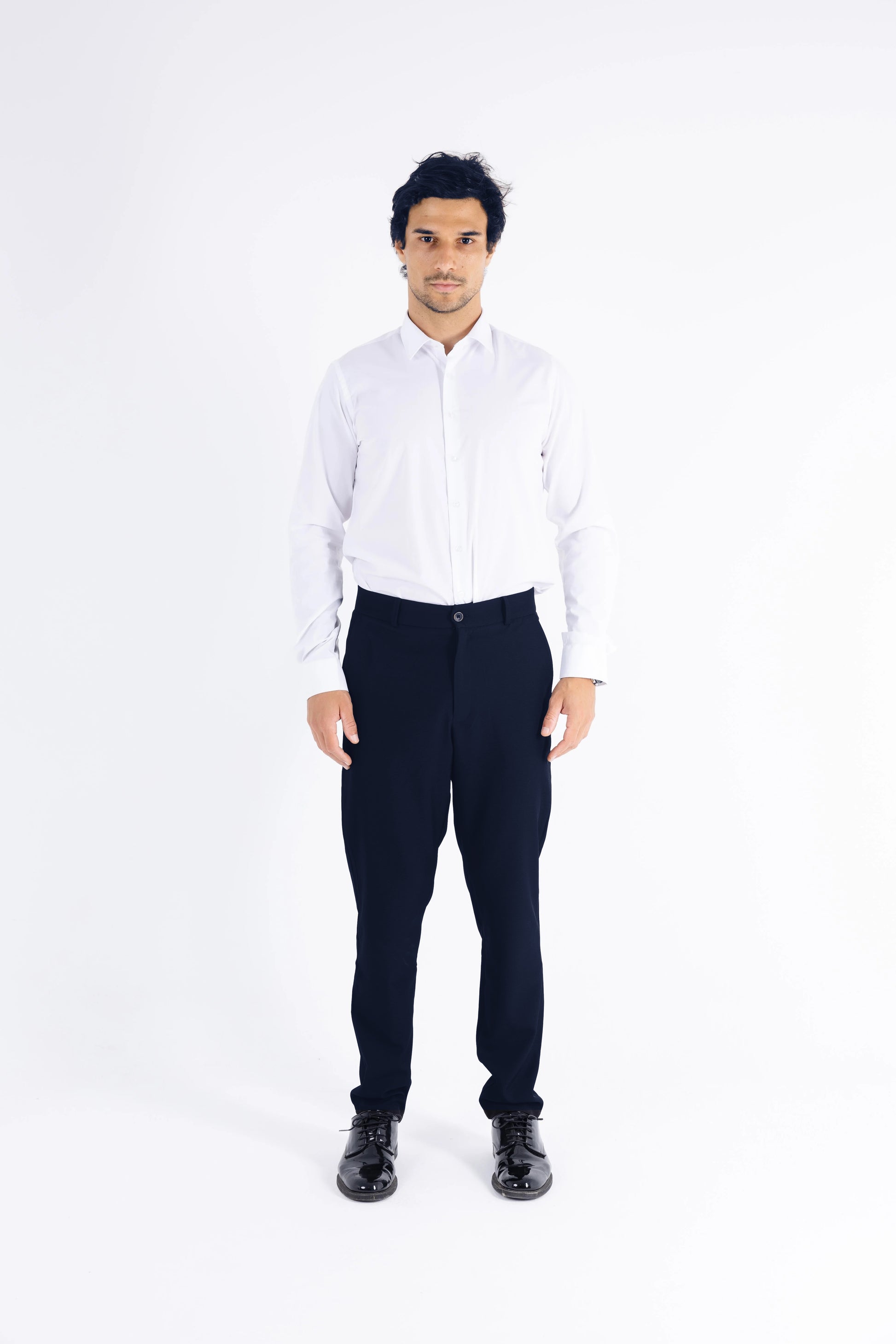 Comford Classic Navy Blue formal pants - front view showing wrinkle-resistant fabric and tailored fit