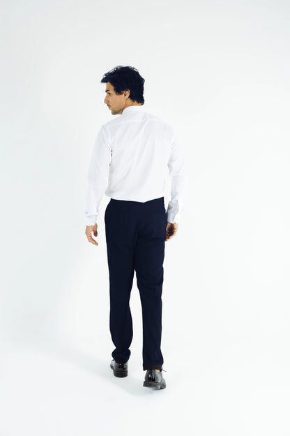 Comford Classic Navy Blue trousers - back view showing pocket details and professional fit