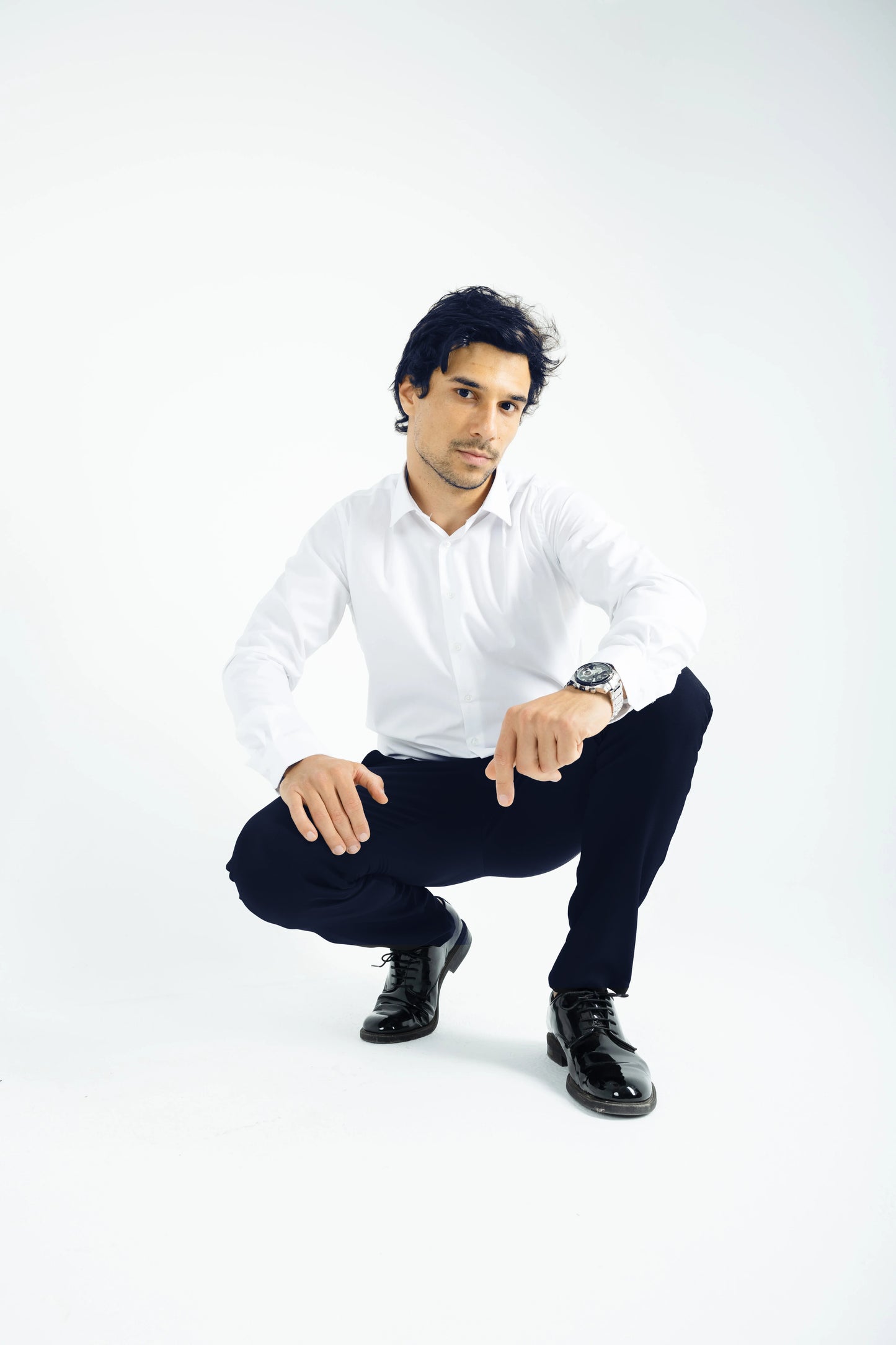 Comford Classic Navy Blue trousers - model squatting, showing pants flexibility