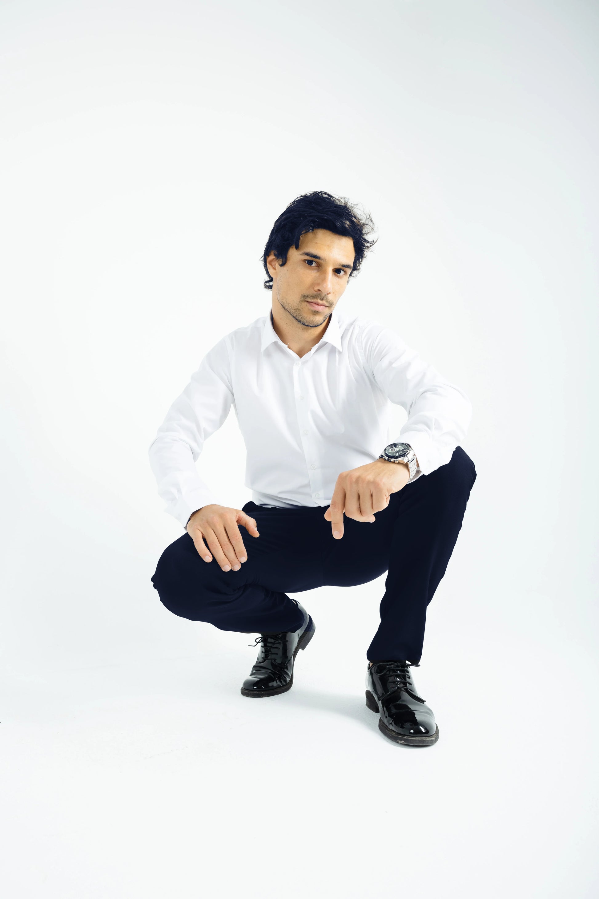 Comford Classic Navy Blue trousers - model squatting, showing pants flexibility