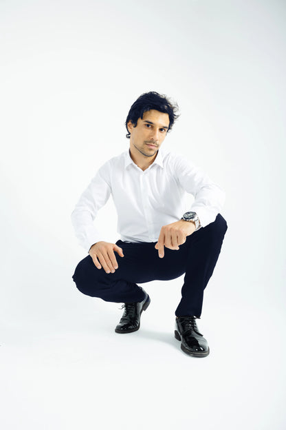 Comford Classic Navy Blue trousers - model squatting, showing pants flexibility